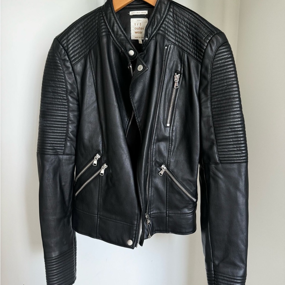 Zara Black Leather Moto Jacket with Quilted Detailing